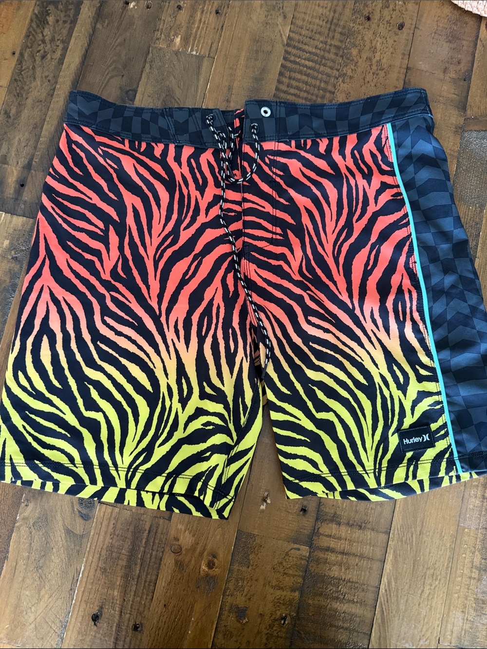 Hurley Red Orange Yellow Zebra Fade Board Shorts with Checkerboard Side